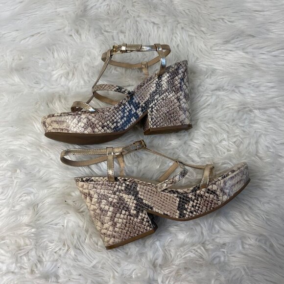 Kate Spade Venezia Heels 7.5 Tan Snake Print Strappy Platform Open Toe Italy - Picture 9 of 11